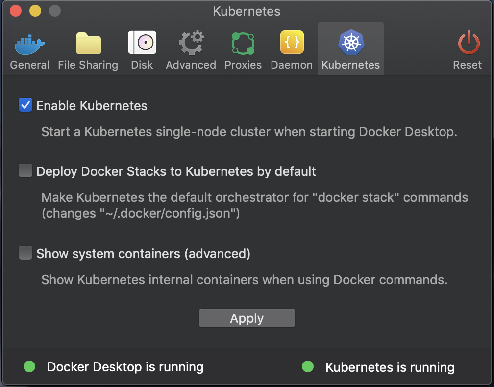 ドッカーデスクトップでkubernetesを有効にするには、[設定]で選択します。