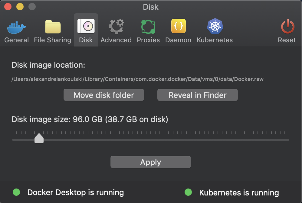 Dockerデスクトップでのディスクイメージサイズの構成。