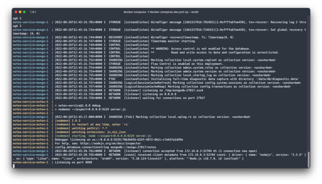 Dockerは、メモとmongoサービスからのログを表示するターミナル出力を作成します。