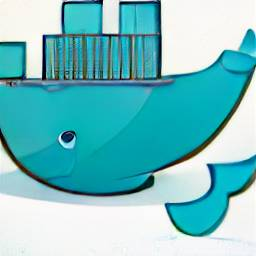 コンテナで覆われた抽象的なクジラを描いた、ドッカーという用語のAI図面。
