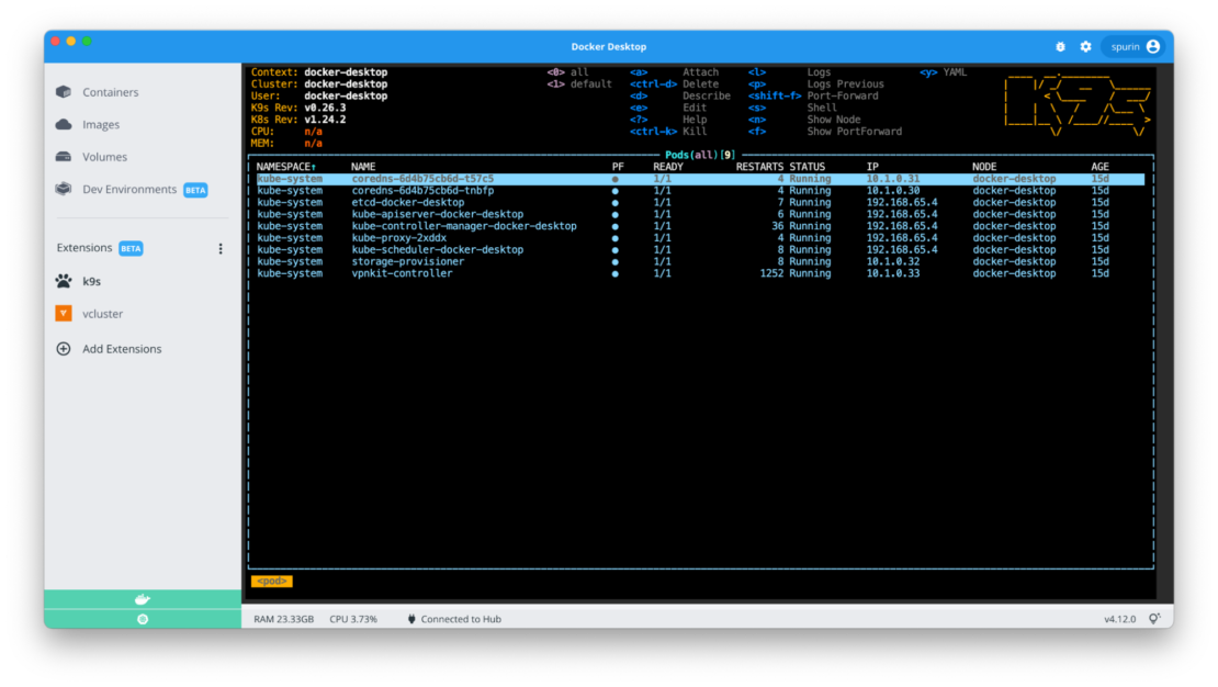 k9s 拡張機能を実行している Docker デスクトップ。