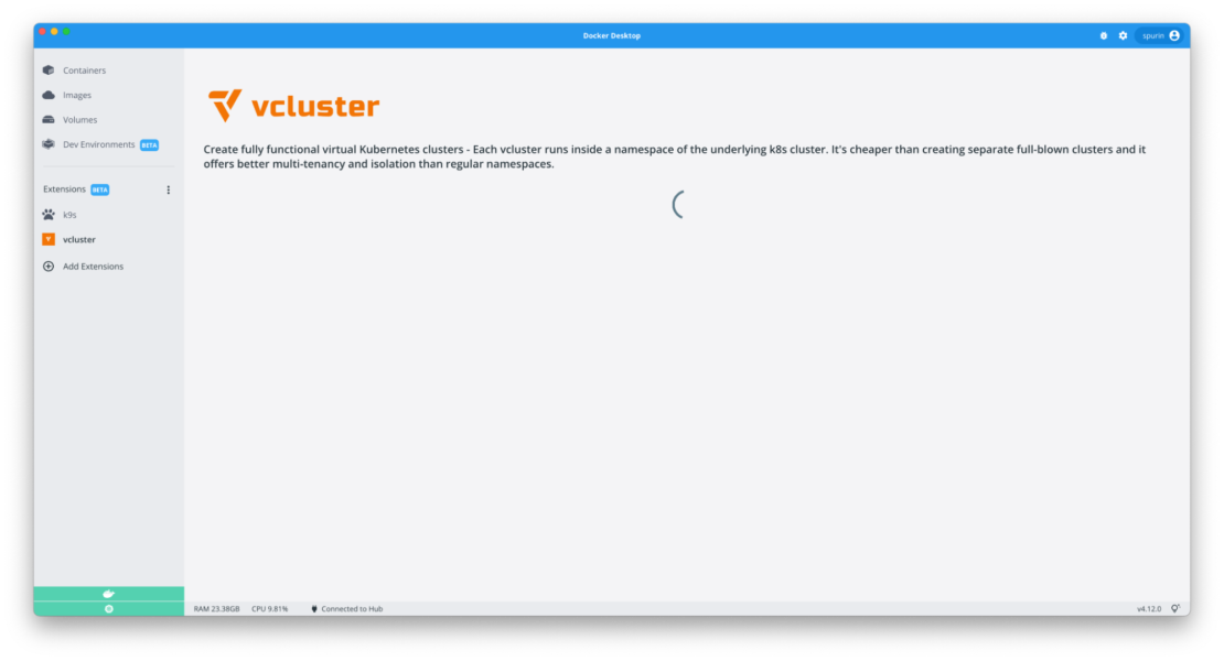 実行中の kubernetes サービスを検索するときにロード画面を表示する Docker デスクトップ仮想クラスター拡張機能ペイン。