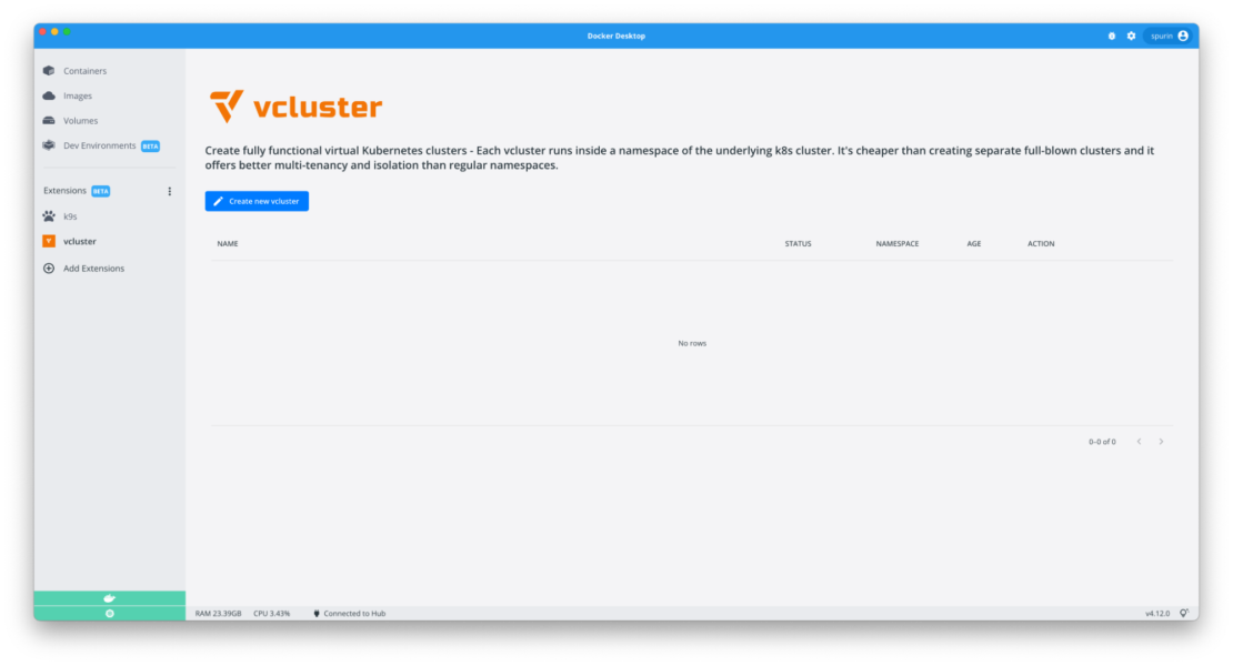 実行中の kubernetes サービスの一覧を表示する Docker デスクトップ仮想クラスター拡張機能ペイン。
