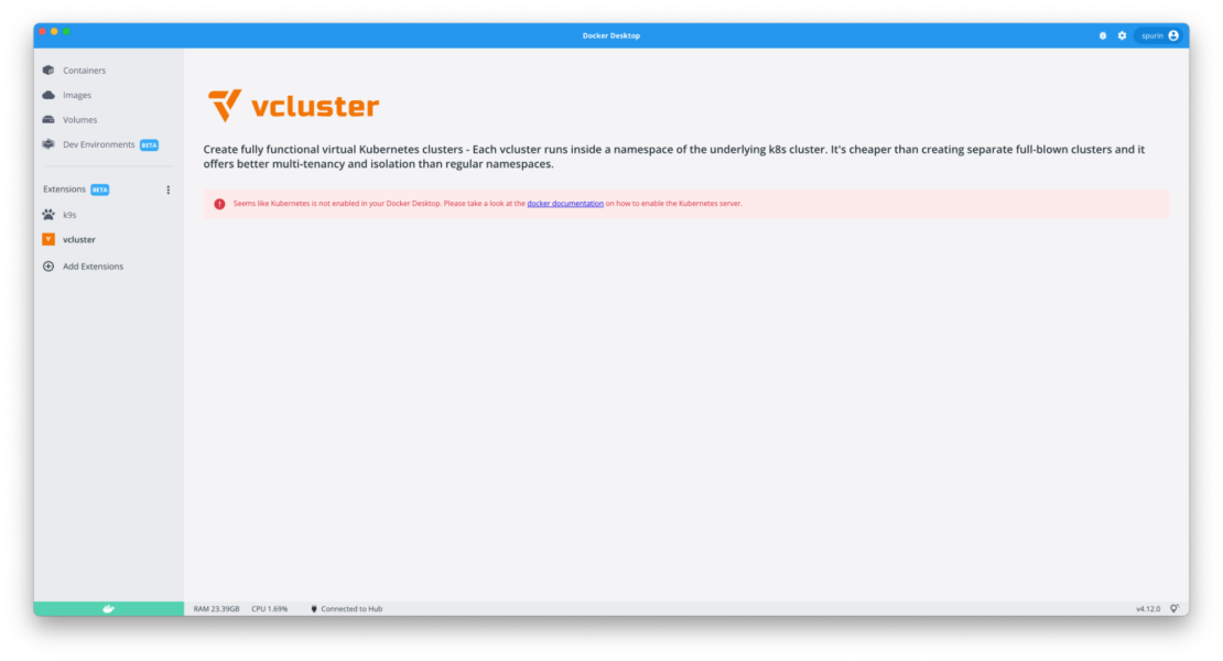 エラー メッセージが表示される Docker デスクトップ仮想クラスター拡張機能ペイン。