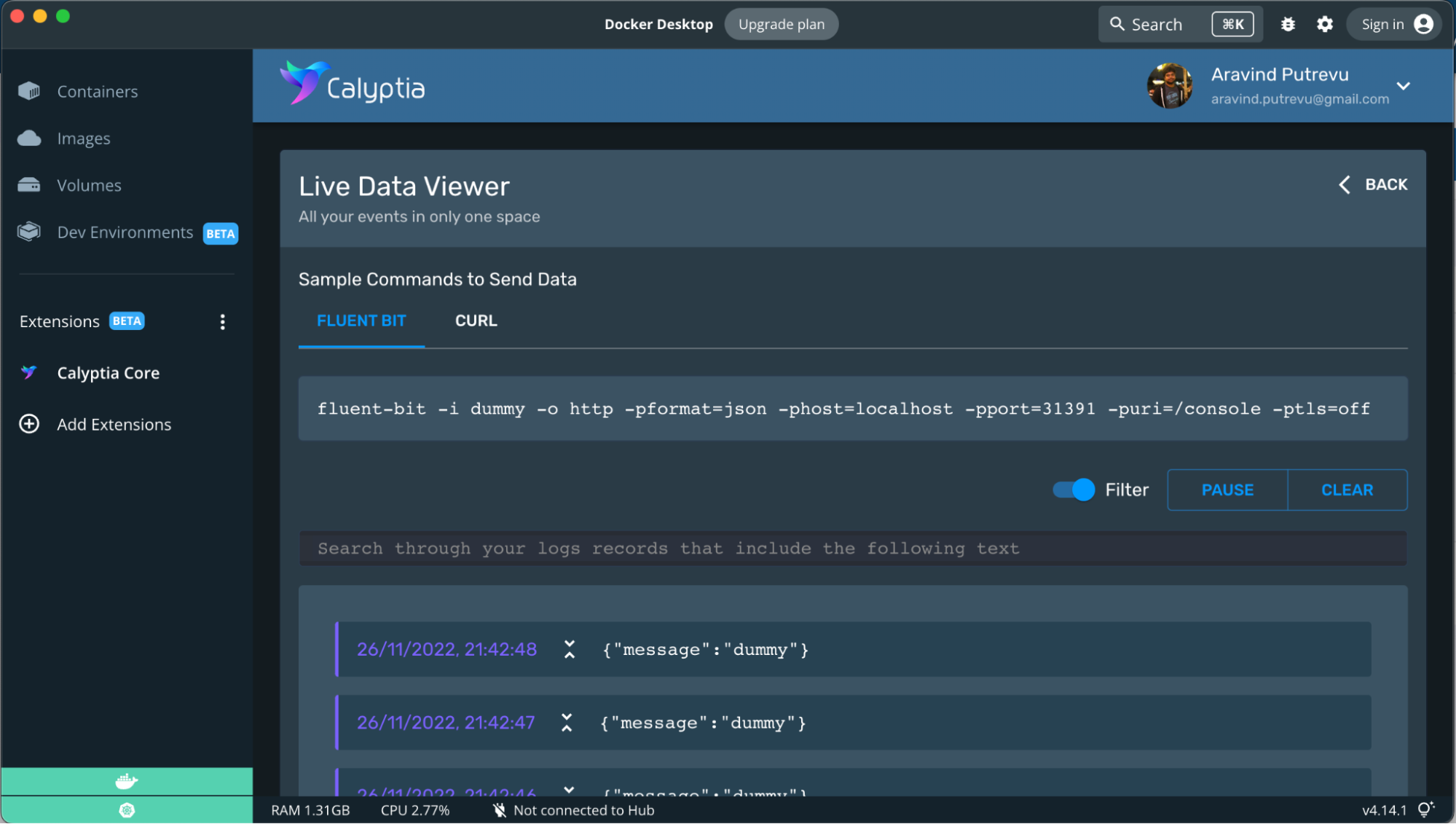 Calyptia Core Docker 拡張機能のライブ データ ビューアー。