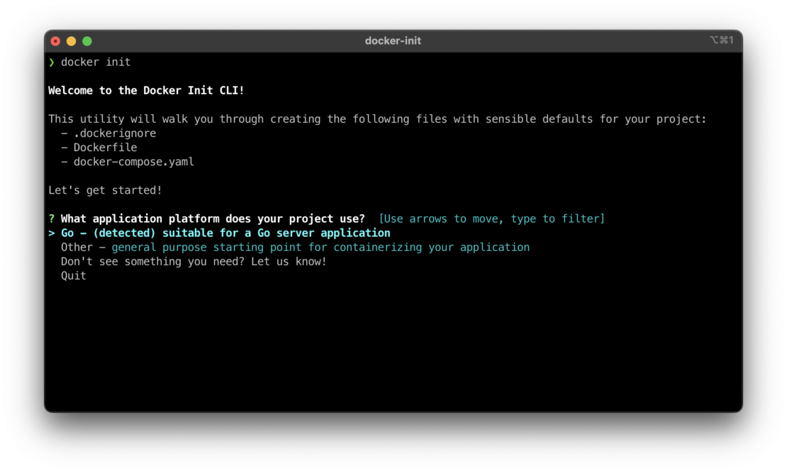 ベータコマンド「docker init」の出力のスクリーンショットと、docker init cliへようこそ!表示