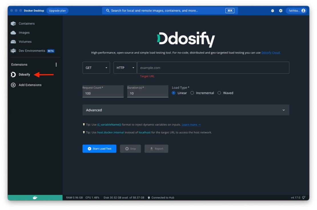 docker デスクトップからアプリケーションのロード テストを開始する方法を示すスクリーンショット。 Dockerデスクトップを起動し、拡張機能セクションのddosifyアイコンをクリックします。 ddosify ドッカー拡張機能の UI が開きます。