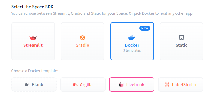 Docker と 3 つのテンプレートが選択された状態で、Space SDK を選択するオプションを示す画面。