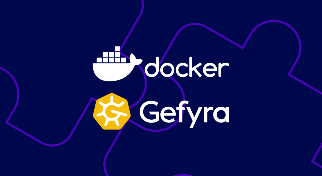 暗い背景に Gefyra と Docker のロゴと、2 つのパズルのピースの明るい紫色の輪郭