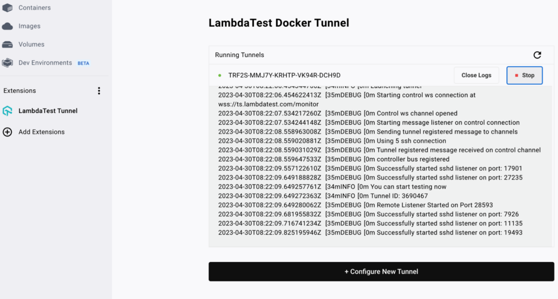 実行中のトンネルのリストを含むラムダテストドッカートンネルページのスクリーンショット。