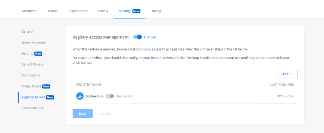 Docker レジストリ アクセス管理機能が有効になっているスクリーンショット