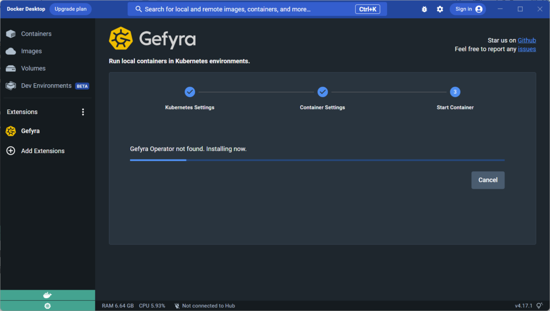 インストールの進行状況バーを示す gefyra インターフェイスのスクリーンショット。
