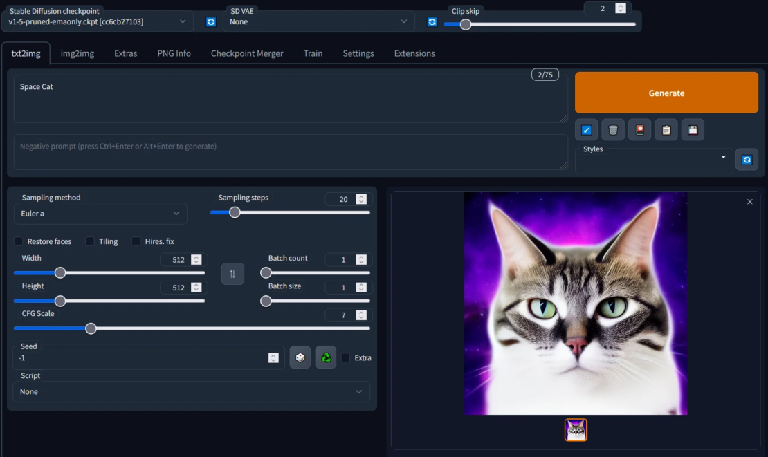 輝く紫色の背景に灰色と白の猫の画像を持つテキスト入力として「スペースキャット」を示す安定した拡散webuiのスクリーンショット。