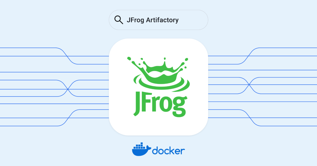 青の背景にバナーブログ画像jfrog、アーティファクト、ドッカーのロゴ