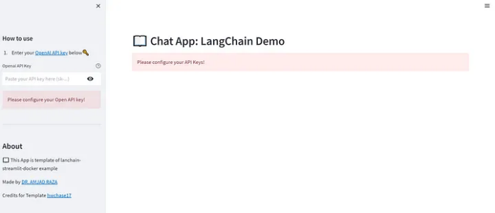 チャットアプリの構成ページの1つであるlangchainデモを示すスクリーンショット。 この画面では、openai APIキーを提供します。