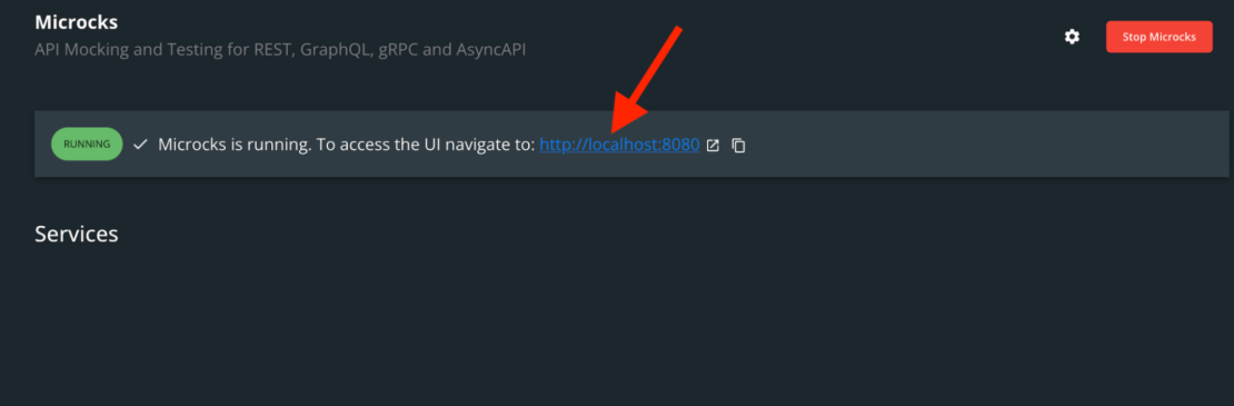 テキストの読み取りの横に「実行中」と表示される緑色の楕円形を示すマイクロックのスクリーンショット:マイクロックは実行中です。 UI にアクセスするには、http://localhost:8080 に移動します。