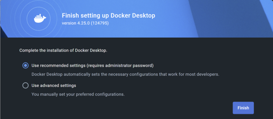docker desktop のインストールを完了するための 2 つの新しいオプションを表示するプロンプト。