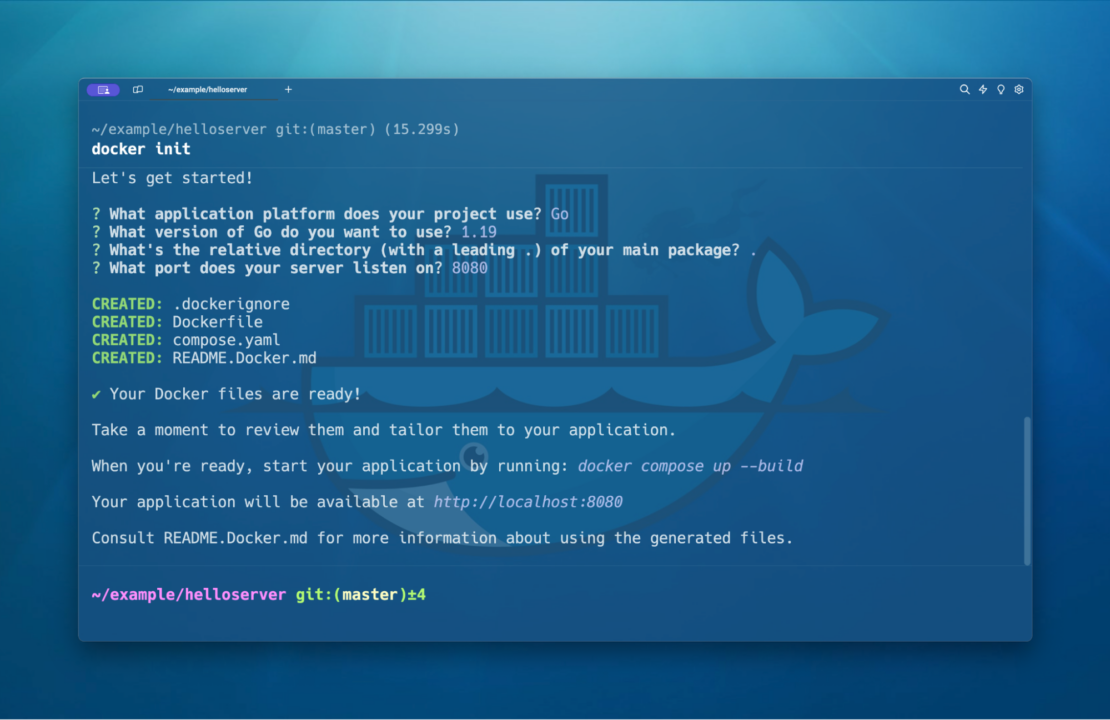 docker init の動作のスクリーンショット。 テンプレートを選択すると、docker init が必要な Docker リソースを自動的に生成します。
