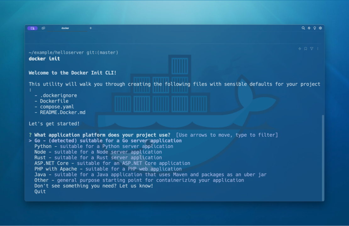 docker init cli のウェルカム ページのスクリーンショット。