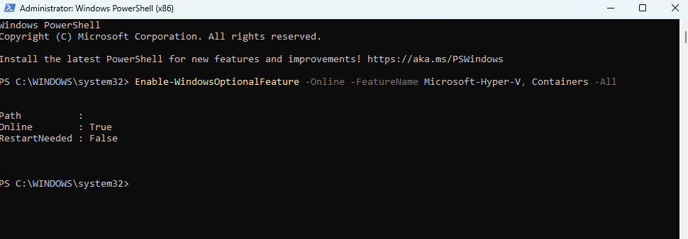 Windows コンテナーを有効にする Windows Powershell のスクリーンショット。 - F1 Windows コンテナーを有効にする Windows コンテナーを有効にする Windows PowerShell のスクリーンショット。