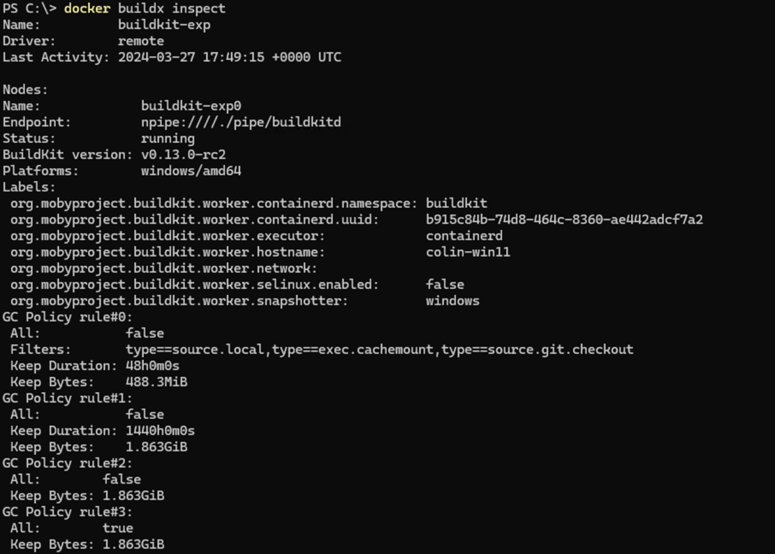 接続をテストするために「docker buildx inspect」を実行しているWindows Powershellのスクリーンショット。 - F3 Docker buildx inspect 接続をテストするために 'docker buildx inspect' を実行している Windows PowerShell のスクリーンショット。