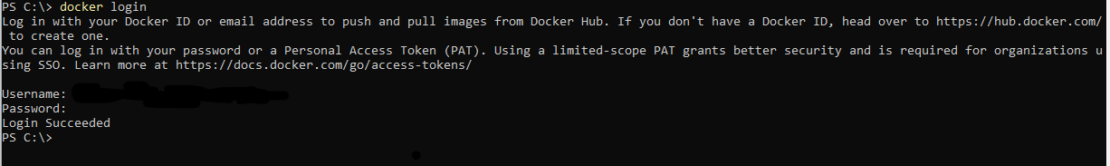 Docker Hub への正常なログインを示す Windows PowerShell のスクリーンショット。- F6 ログイン成功 Docker Hub への正常なログインを示す Windows PowerShell のスクリーンショット。