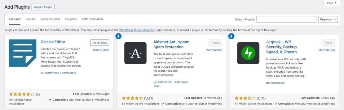 Classic Editor、Akismet Anti-Spam、Jetpackなどのプラグインの選択肢を示すWordpress管理ダッシュボードのスクリーンショット。 - Dockerワードプレス F6 クラシックエディター、akismetスパム対策、ジェットパックなどのプラグインの選択肢を示すワードプレス管理ダッシュボードのスクリーンショット。