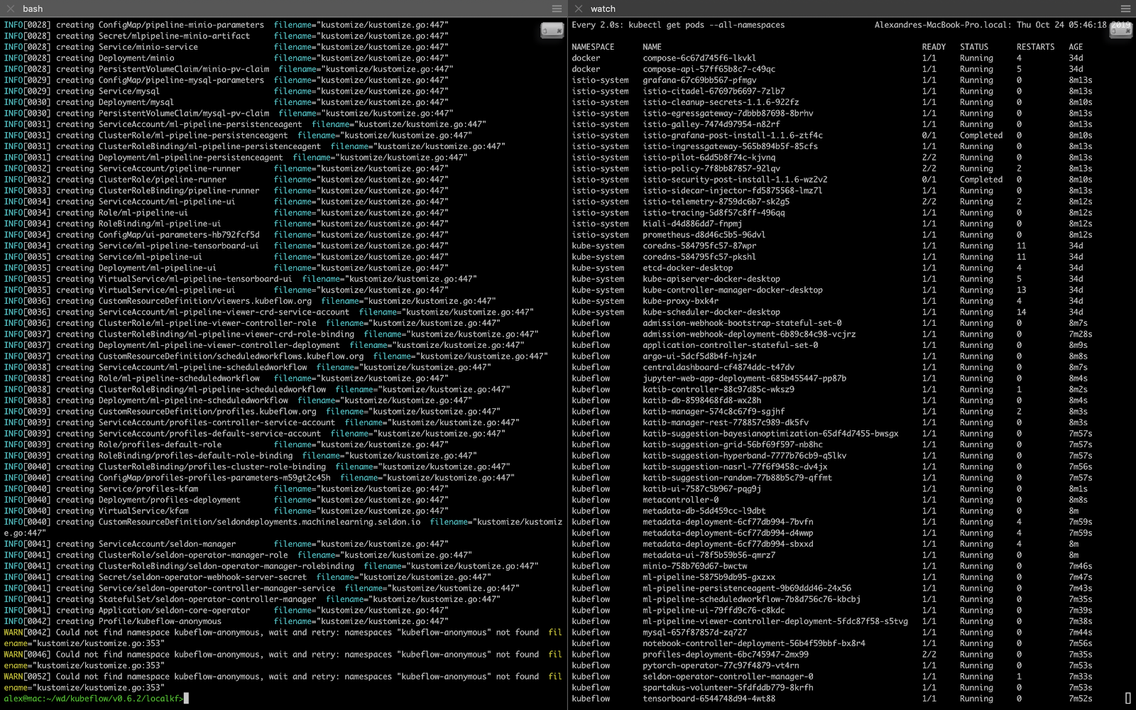 The deployment output and kubeflow pods when running in docker desktop.