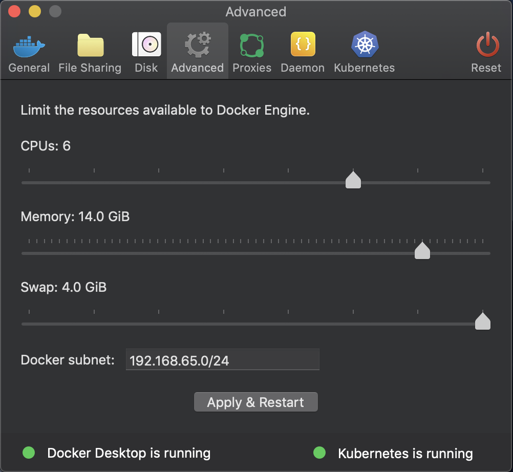 Setting the resource limits available to docker engine in docker desktop.