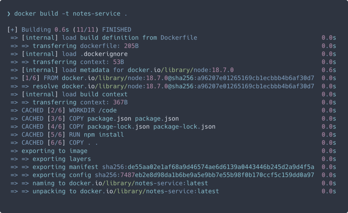 Docker build terminal output located in the notes-service directory.