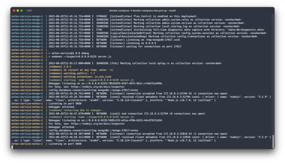 Docker compose terminal output showcasing the nodemon-reloaded application.