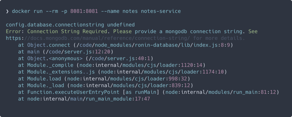 Docker run terminal output located in the notes-service directory.