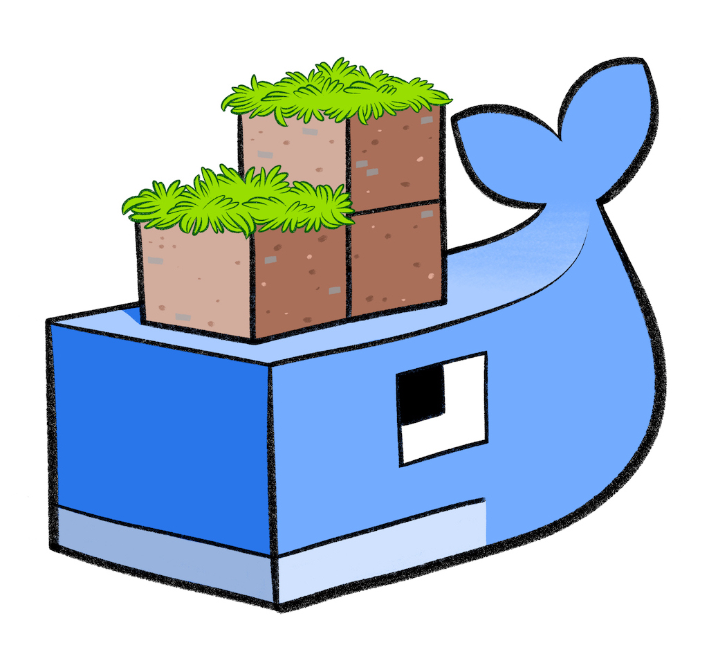 Docker's moby whale drawn in a blocky minecraft style