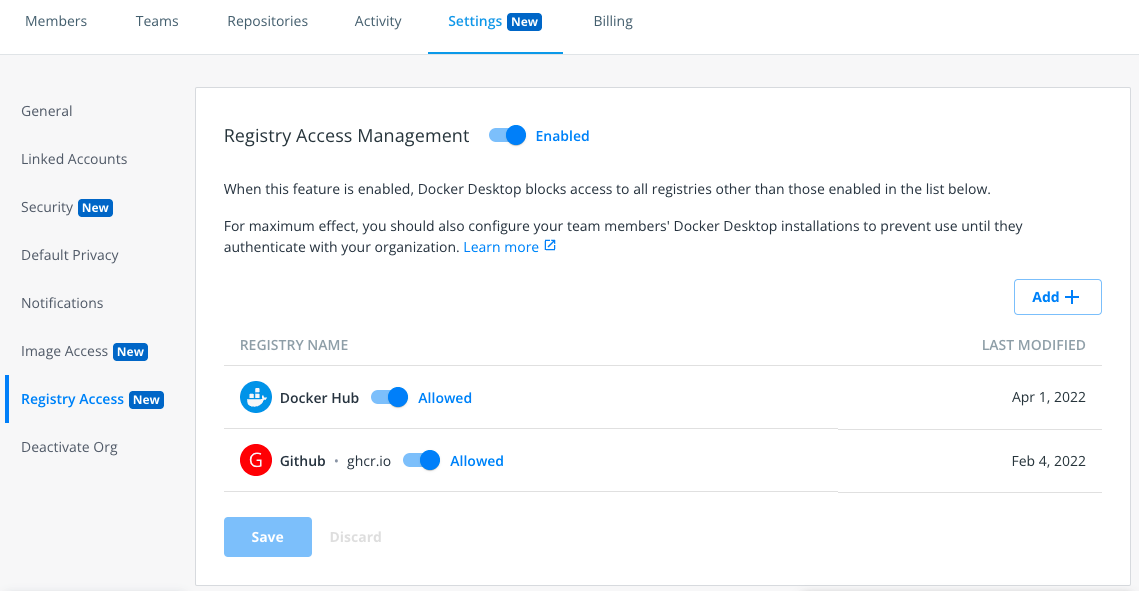 Registry access management on docker hub