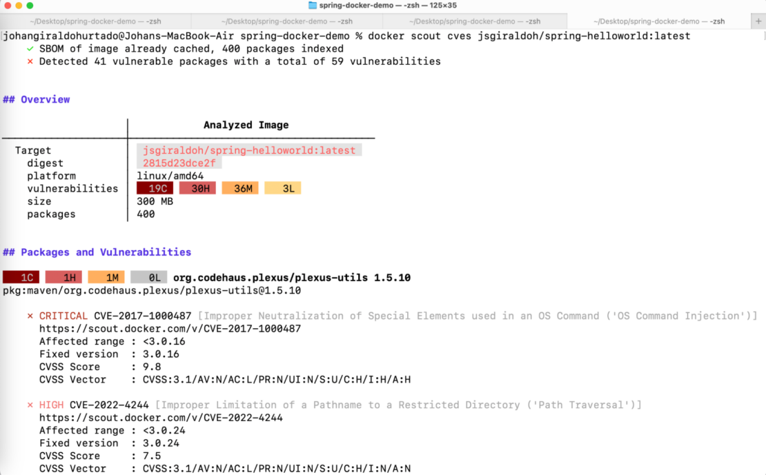 Screenshot of docker scout showing critical and high vulnerabilities associate with analyzed image.