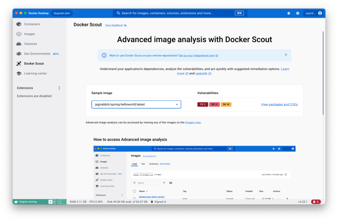 Screenshot of docker scout showing advanced image analysis page.