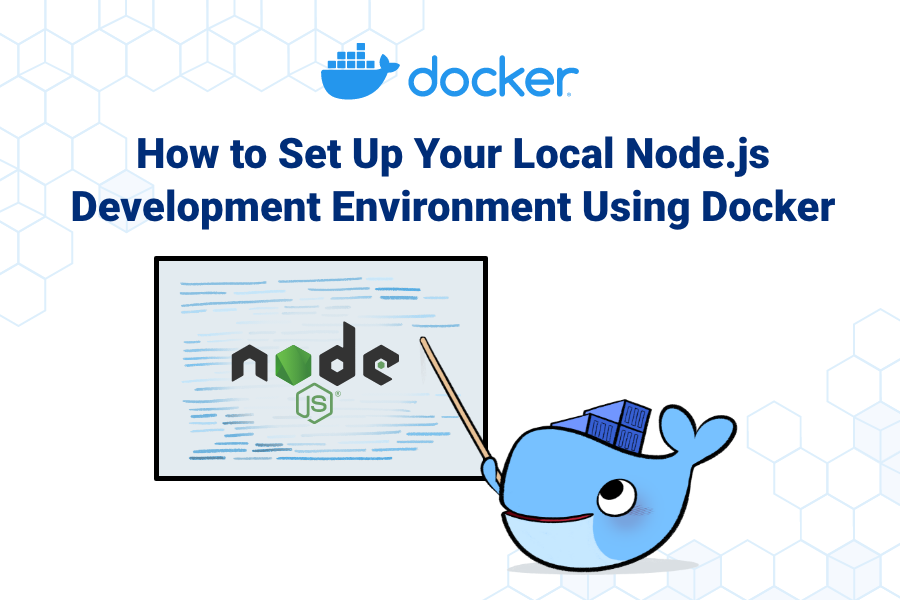 Docker's moby dock whale pointing to whiteboard with node. Js logo.