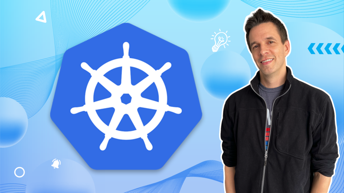 James spurin next to the blue and white, ship helm kubernetes logo.