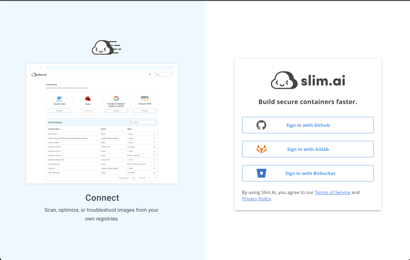 This image is a screenshot of the slim. Ai sign-in page, offering sign in options such as github, gitlab, and bitbucket.
