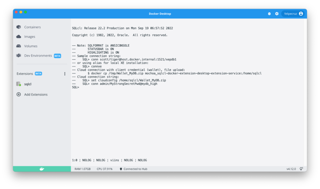 Docker extension oracle sqlcl client tool