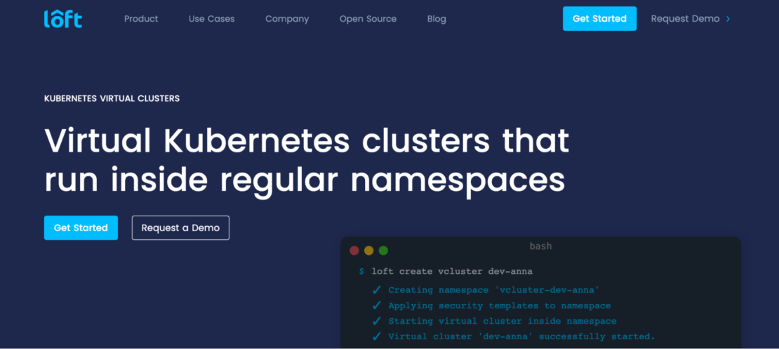 Loft website homepage advertising virtual kubernetes clusters that run inside regular namespaces.