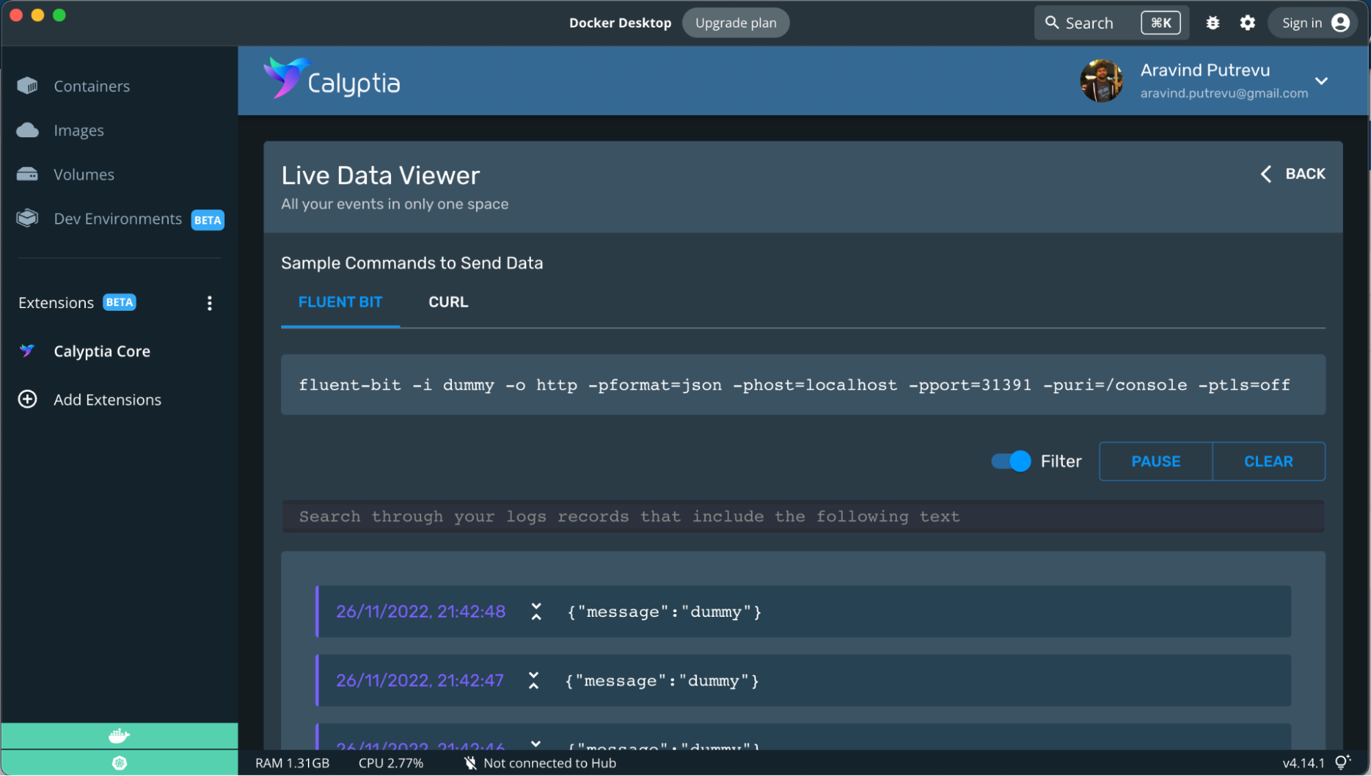 Live Data Viewer in the Calyptia Core Docker Extension.