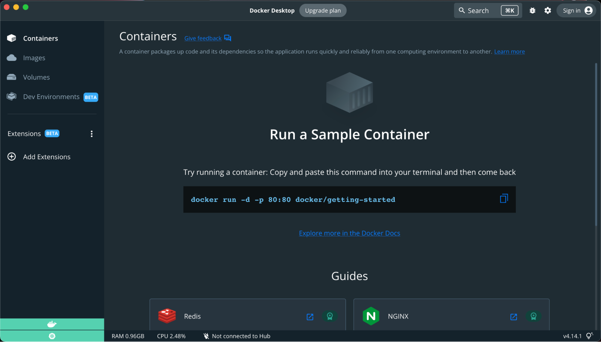 Select add extensions to add extensions to docker desktop.