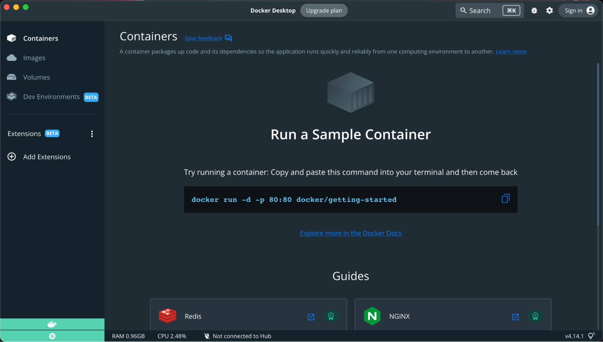 Select Add Extensions to add extensions to Docker Desktop.