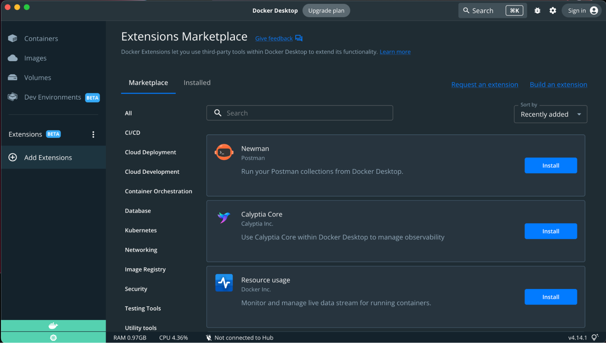 The Extensions Marketplace in Docker Desktop.