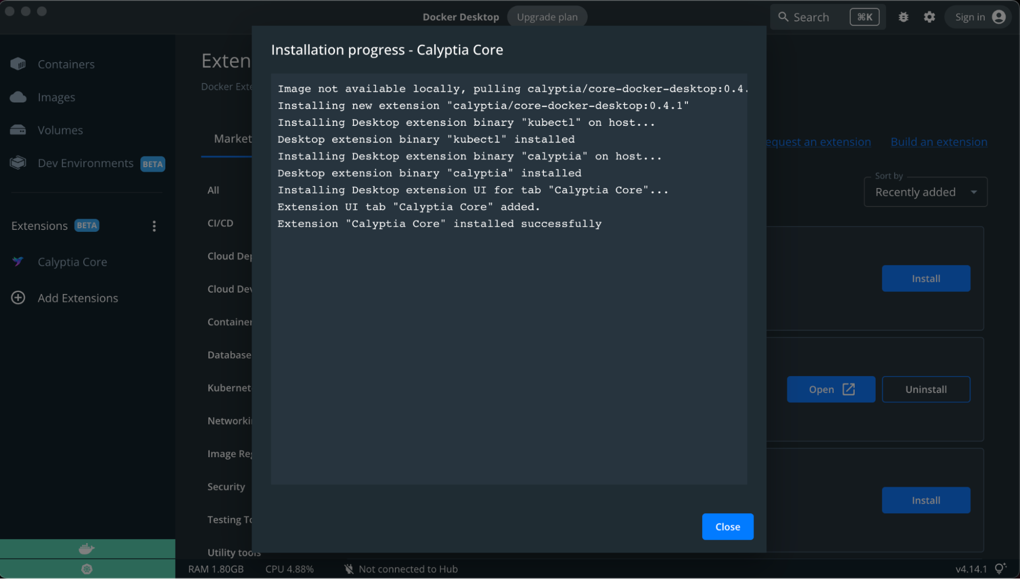 Installing the calyptia core docker extension.