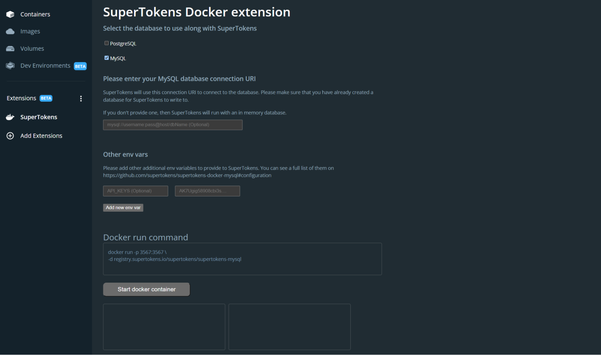 Set up your supertokens core with the docker extension.