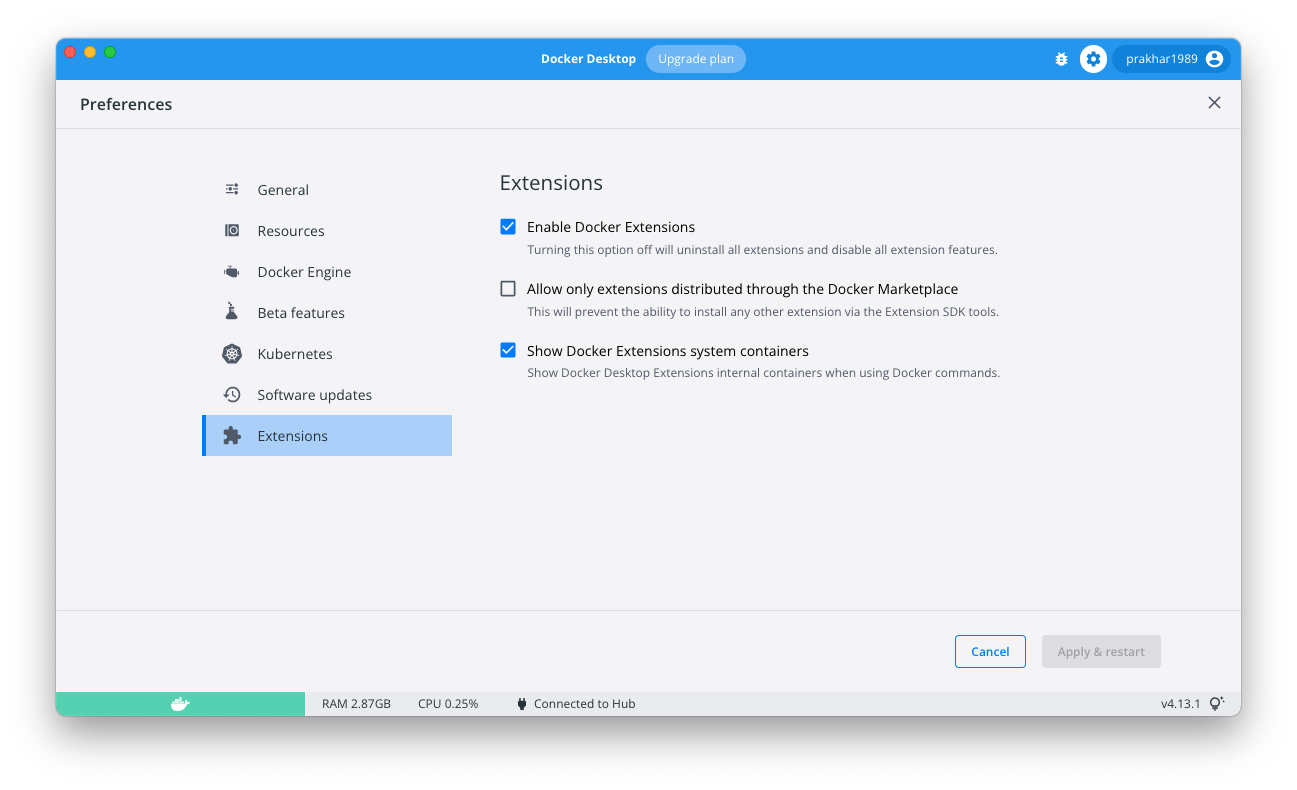 Enable extensions in docker desktop.