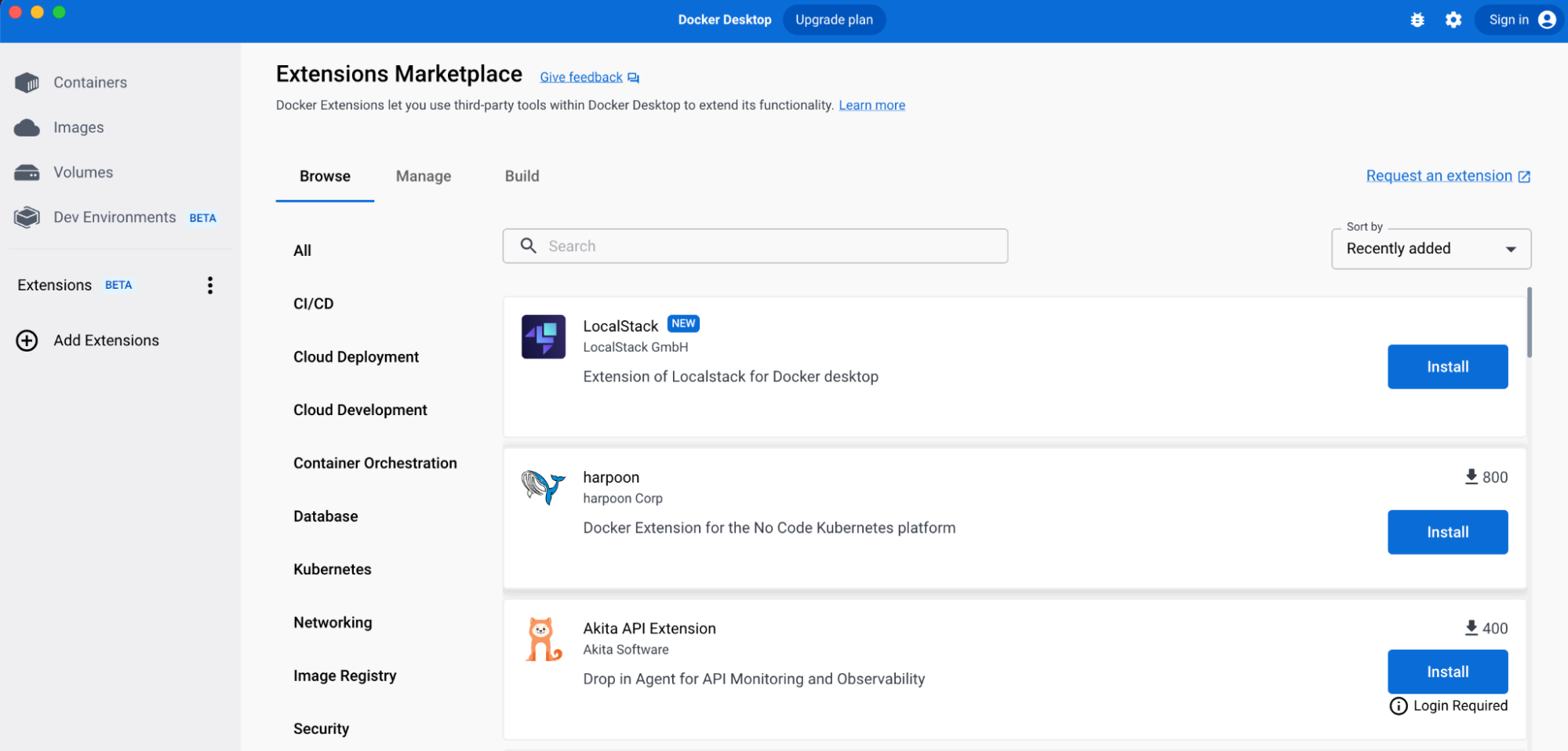 Search the extensions marketplace on docker desktop for localstack.