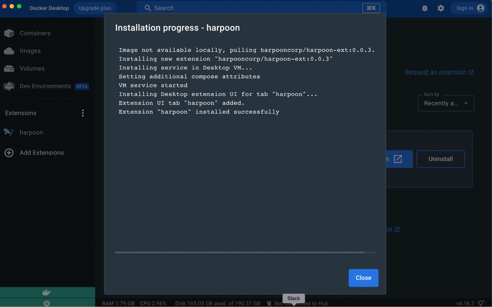 Installation process for the harpoon docker extension.